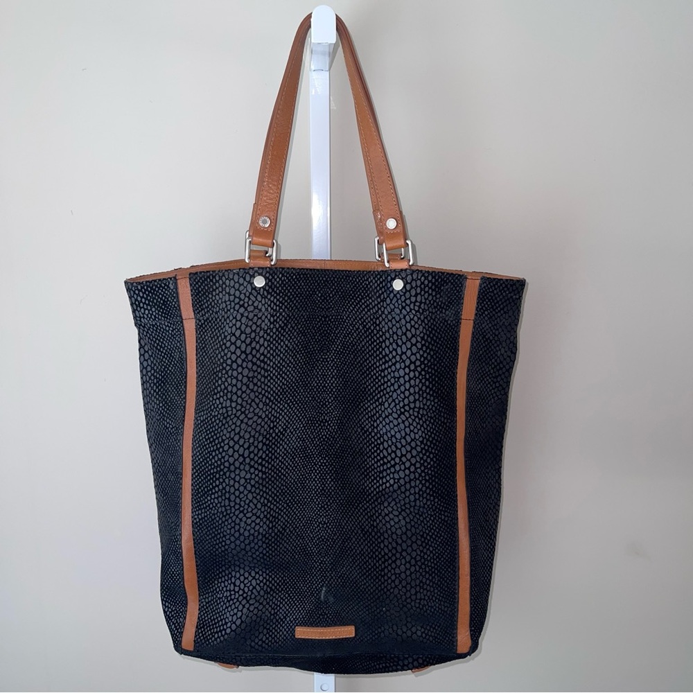 BCBGMAXAZRIA Black Embossed Faux Leather Tote Bag with Brown Trim Shoulder Purse